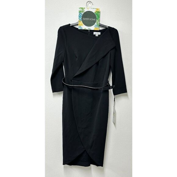 Calvin Klein Women's Belted Sleeveless Faux-Wrap Sheath Dress - Black 4 - Picture 2 of 8